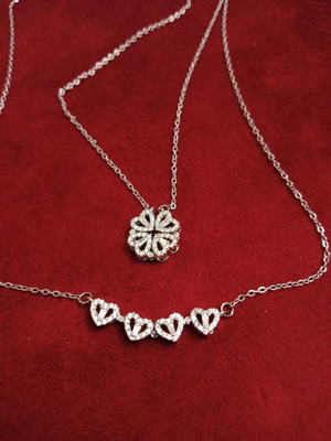 Necklace with rhinestone hearts and clover from stainless steel new silver