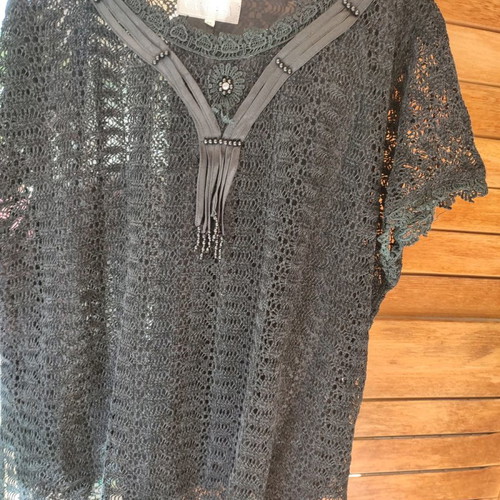 Black evening blouse with dense lace and design, new XL from Milan