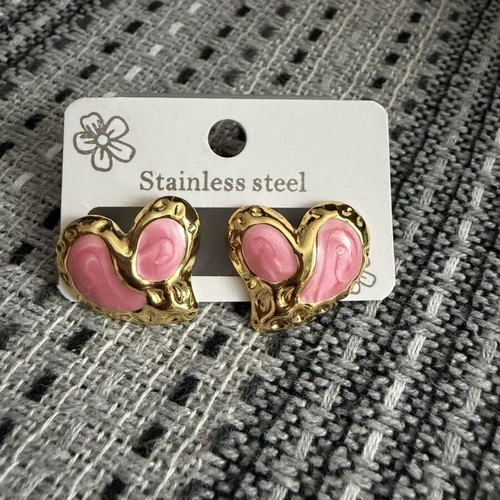 Stainless steel earrings, gold and pink hearts