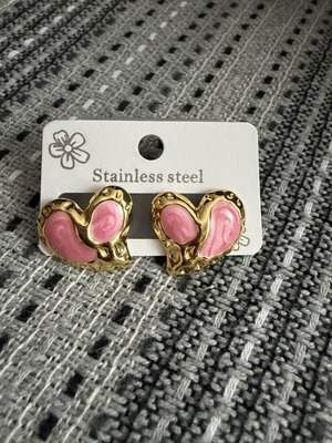 Stainless steel earrings, gold and pink hearts