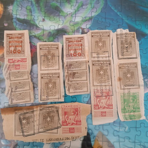 Old Greek tax stamps used, collection on documents