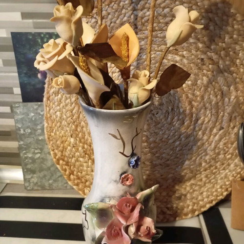 Vintage gypsum flowers used with faience vase
