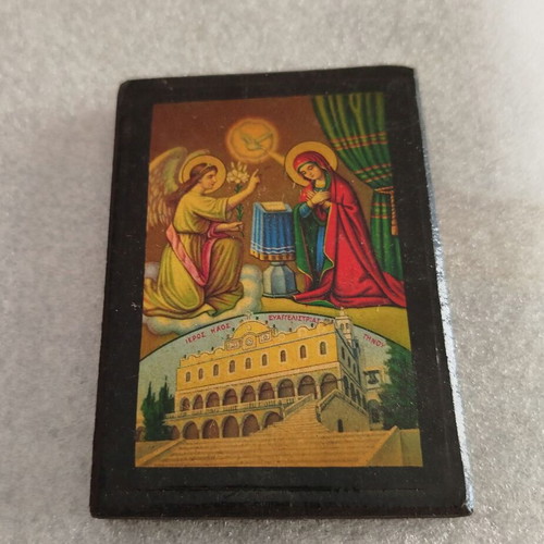 Pack of used old religious icons and crosses with Mount Athos photo
