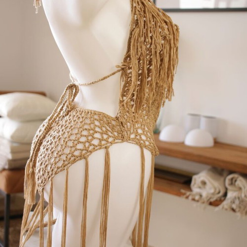 Beachwear one-piece new, boho chic brown with tassels