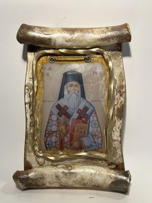 Saint Nektarios Wax Icon new, handmade, 19-20x25-26 cm