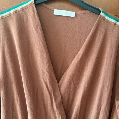 Enzzo fabric jumpsuit like new, brown with green stripe, size M