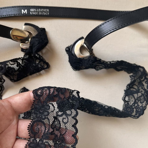 Black Belt with Lace Tie New, 100% Leather from Italy