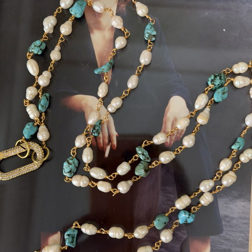 Handmade necklace with pearls, turquoise, and copper like new