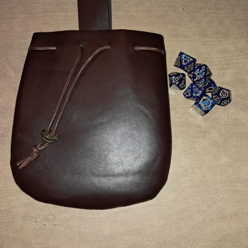 Big brown leather dice bag with blue dragon dice