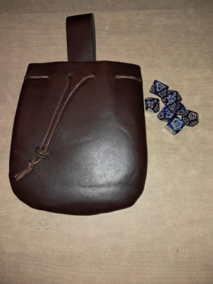 Big brown leather dice bag with blue dragon dice