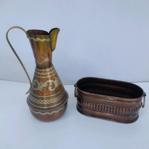 Copper Greek handmade carved jug and flower jardiniere used