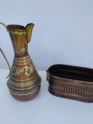 Copper Greek handmade carved jug and flower jardiniere used