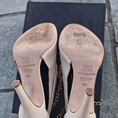 Elisabetta Franchi Celyn b. leather peep-toe heels with chain, size 36, nude