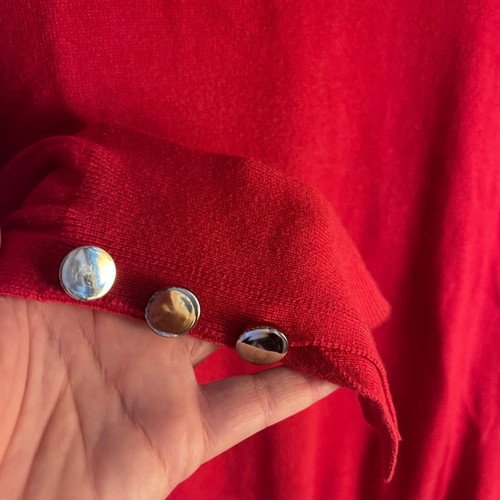Red pullover with silver cuff buttons, wool and cotton, size M