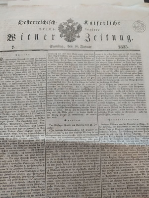 Wiener Zeitung Ιανουαρίου 1835 μεταχειρισμένη με αναφορά στην Ελλάδα του Όθωνα