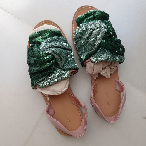 Statement sandals with green sequin design like new