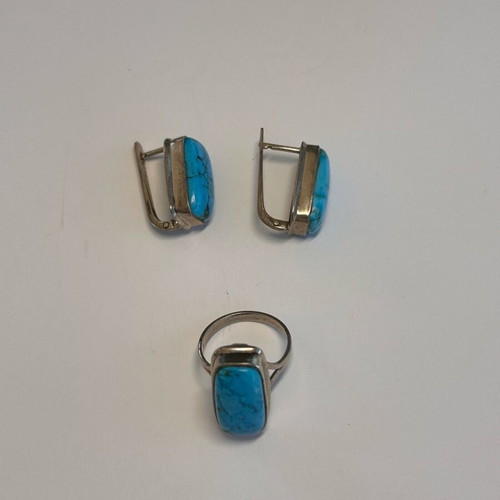 Vintage handmade silver jewelry set with blue turquoise used