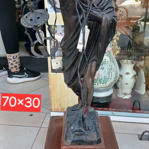 Diogenes lamp statue used, antimony with wooden base, circa 1900