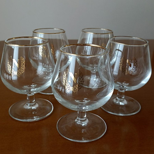 Vintage balloon cognac glasses set of 5 used with gold rim and monogram N