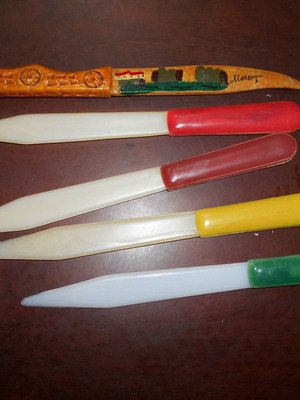 Paper cutters used, pack of 5, 4 plastic and 1 wooden folk from Meteora