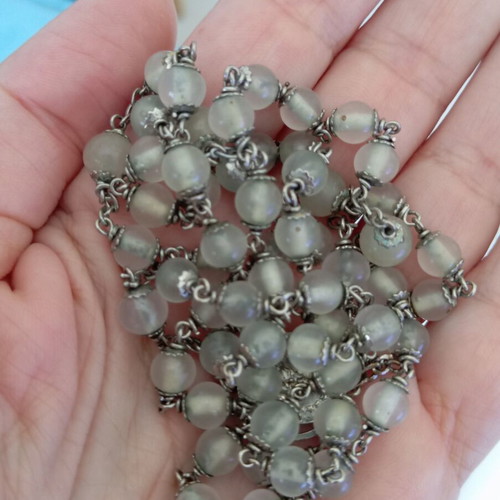 Vintage handmade white rosary with opaline beads and silver details