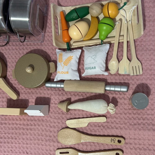 Hape Wooden Kitchen Toys Like New with Metal Pots and Wooden Fruits