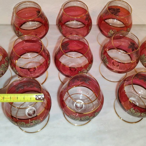 Cognac glasses used, pack of 11, red with gold and green design