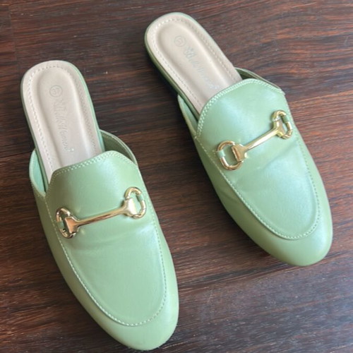 Backless loafers green pistachio moccasins size 37 used, gold horsebit