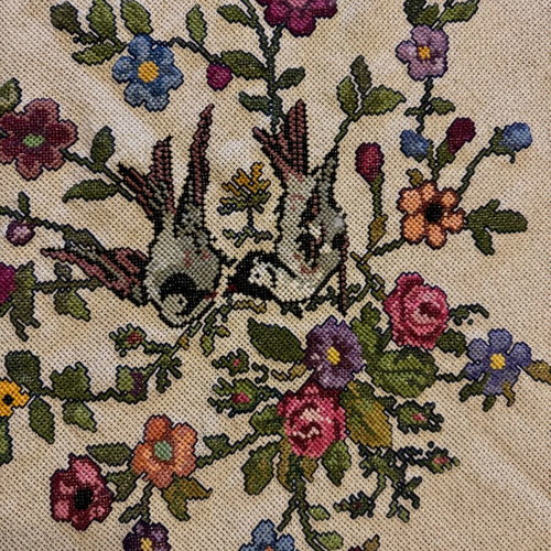 Handmade cross-stitch embroidery 1.40×1.40 m with swallows and flowers