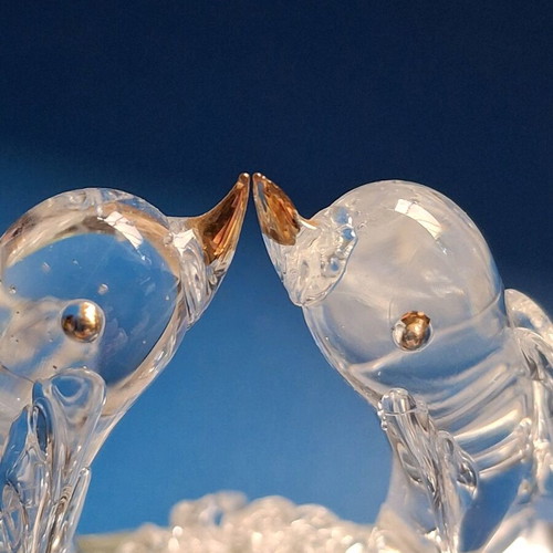 Glass figurines dolphin and duck used, mirror base