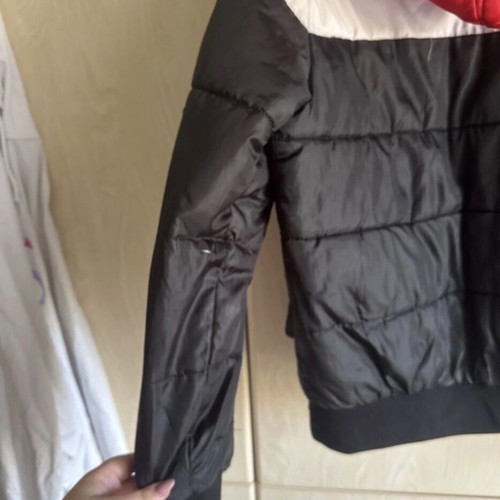 Windbreaker jacket used, black with red and white stripes, hooded