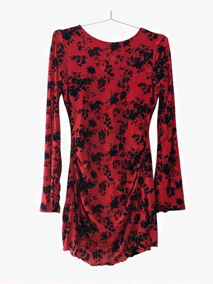 Red floral draped dress L new, fitted mini evening