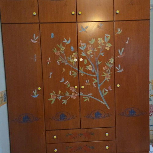Cherry wood 4-door double-decker wardrobe with 2 drawers