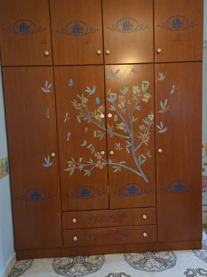 Cherry wood 4-door double-decker wardrobe with 2 drawers