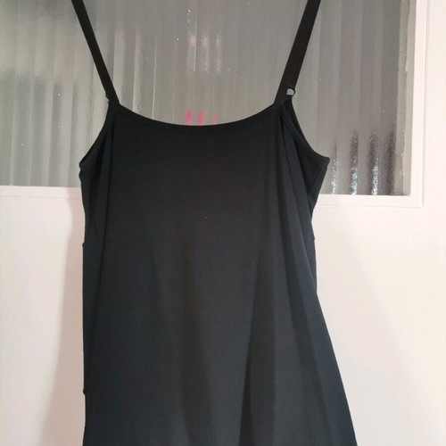 Spaghetti strap top used, black with gold embroidery, size small