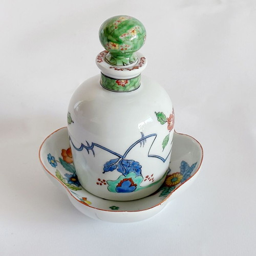 Antique Chantilly porcelain perfume bottle and dish used, Kakiemon style