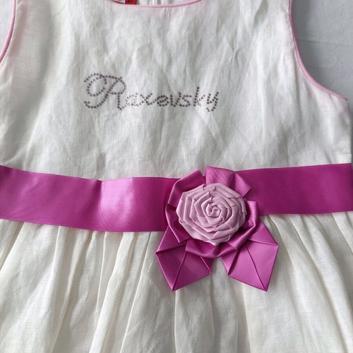Mini Raxevsky linen dress white with pink ribbon like new, size 6 years