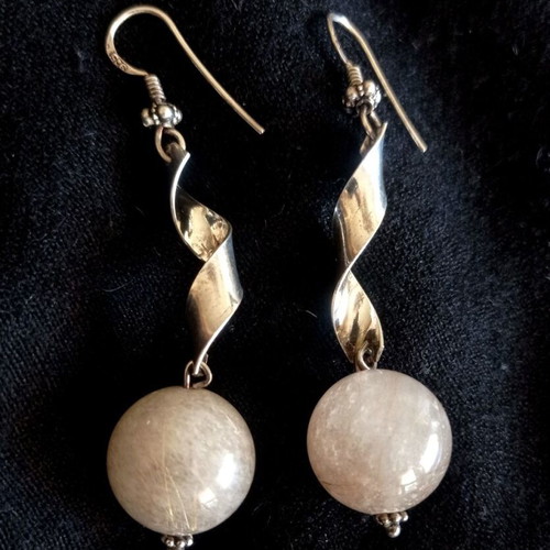 925 Sterling Silver Moonstone Spiral Earrings like new, beige
