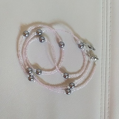 Handmade glasses chain new, pink and silver, 80 cm