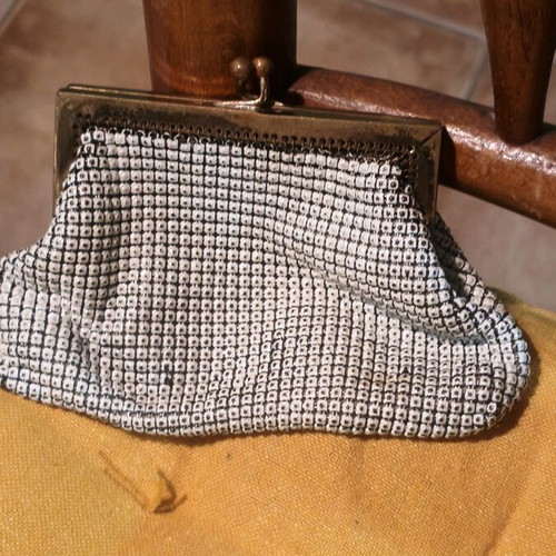 Vintage wallet used with metal beads, off white color