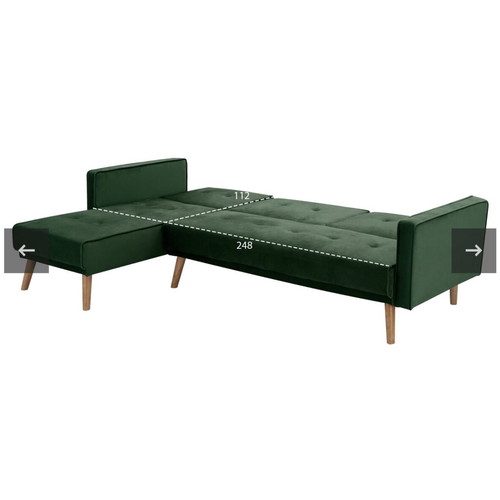 Green velvet sofa bed L-shape used with wooden legs