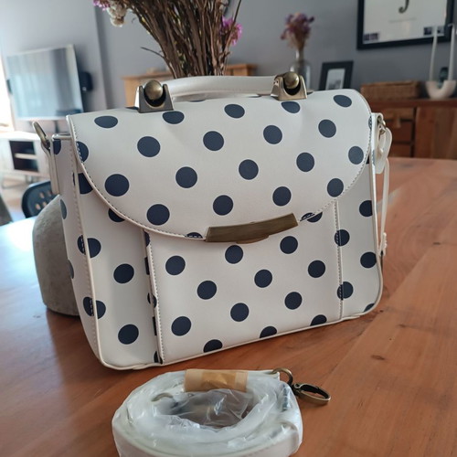 Carpisa crossbody and handheld bag new, white with gray-blue polka dots