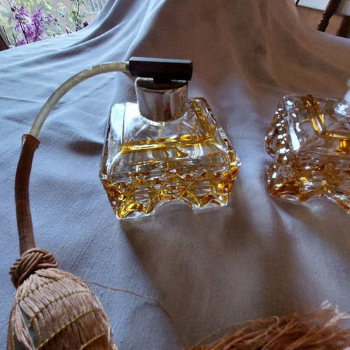 Crystal toilet set used, 2 bottles with yellow double crystal