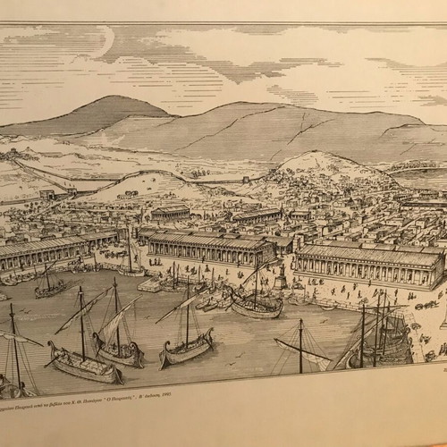 Vintage framed prints of ancient Piraeus by M. Skouloudis, like new, set of 2