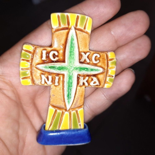 Ceramic tabletop cross new with base