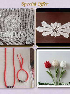 Handmade lace set with 2 placemats, crochet tulip, necklace and bracelet