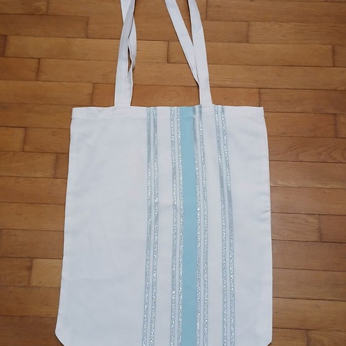 Cotton tote bag new, white with turquoise stripe and silver details