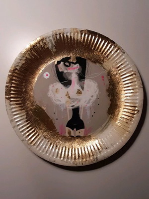 Paper collage plate used, illustration pop surrealism fashion Devon Aoki