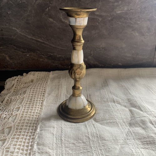 Vintage brass candlestick with mother-of-pearl, like new, 13.5 cm
