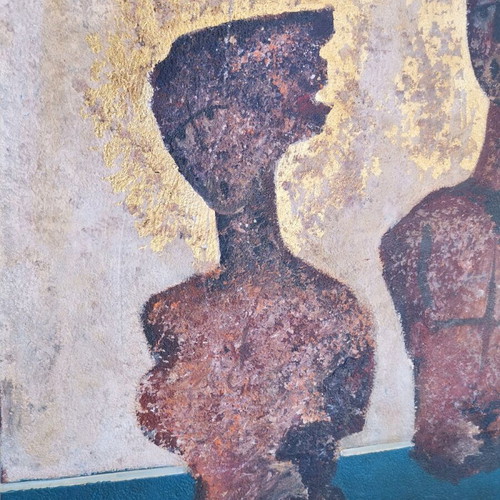 Signed painting by F. Kappos used, modern abstract artwork with two figures
